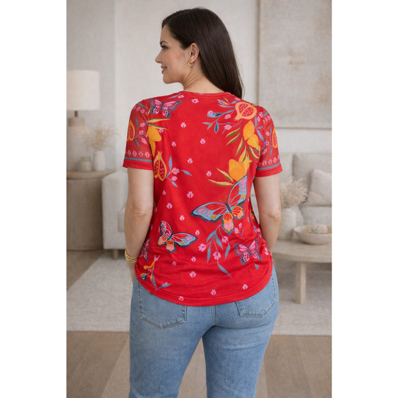 Johnny Was Eleanor Mesh T Shirt Size 2X Butterflies Red Colorful Boho Cruise - Picture 2 of 6